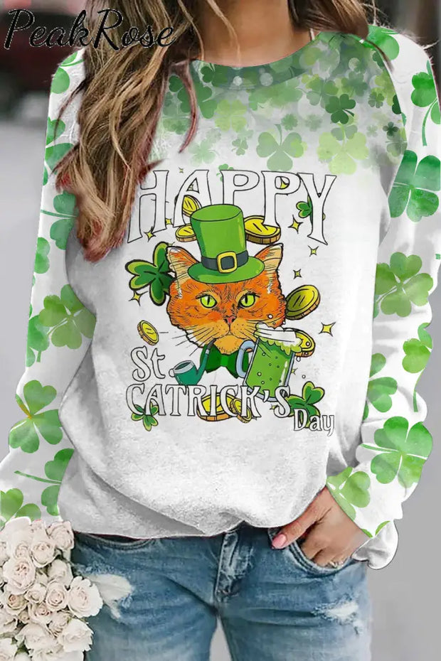 Happy St Catrick’s Day Cute Green Hat Cat Illustration Sweatshirt S /