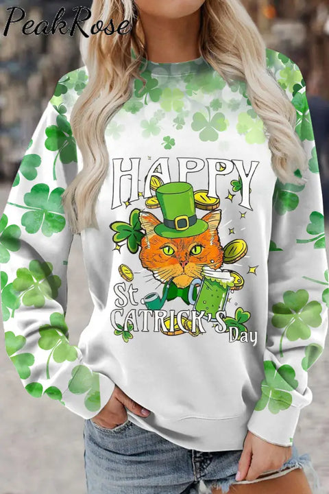 Happy St Catrick’s Day Cute Green Hat Cat Illustration Sweatshirt S /