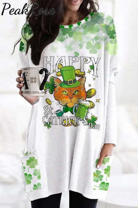 Happy St Catrick’s Day Cute Green Hat Cat Illustration Tunic With Pockets