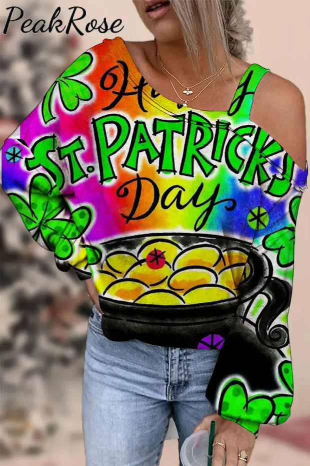 Happy St.patrick’s Day Children’s Illustration Hand-Painted Printed Off Shoulder Blouse