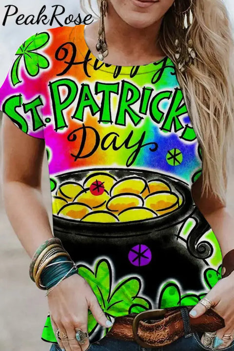 Happy St.patrick’s Day Children’s Illustration Hand-Painted Printed Round Neck Short Sleeve T-Shirt