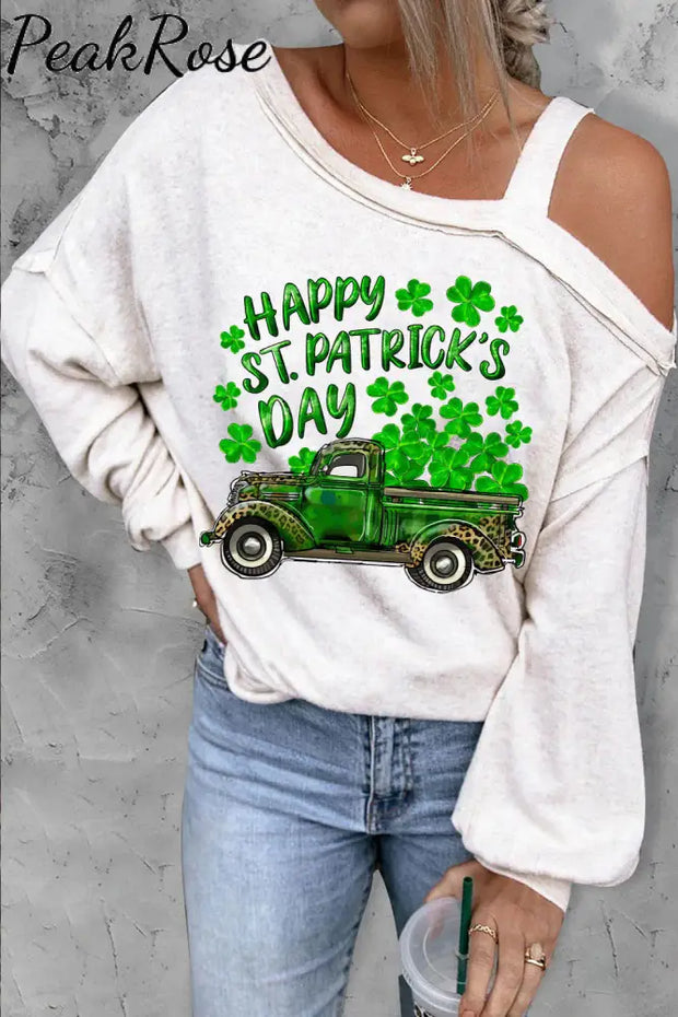 Happy St. Patrick’s Day Cold Shoulder Asymmetrical Neck Casual Off-Shoulder Blouse