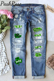 Happy St.patrick’s Day Lucky Wreath Check Panel Luck Ripped Denim Jeans