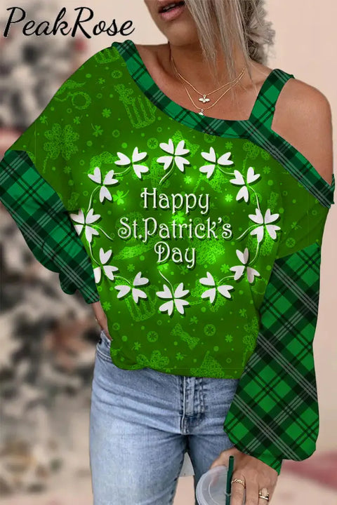 Happy St.patrick’s Day Lucky Wreath Check Panel Off-Shoulder Blouse