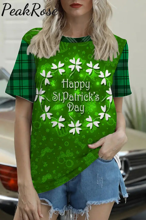 Happy St.patrick’s Day Lucky Wreath Check Panel Short-Sleeved T-Shirt T-Shirt