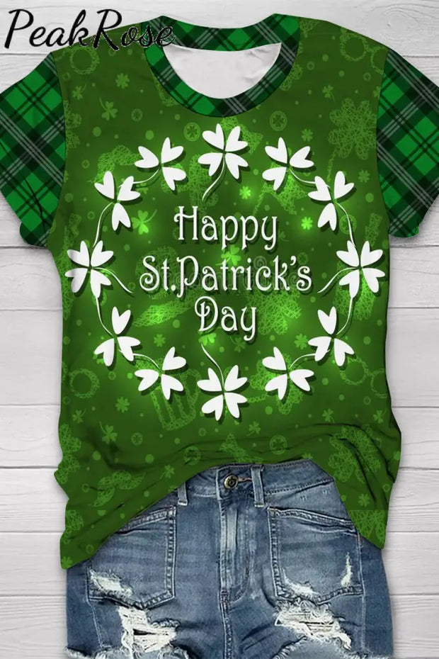 Happy St.patrick’s Day Lucky Wreath Check Panel Short-Sleeved T-Shirt T-Shirt