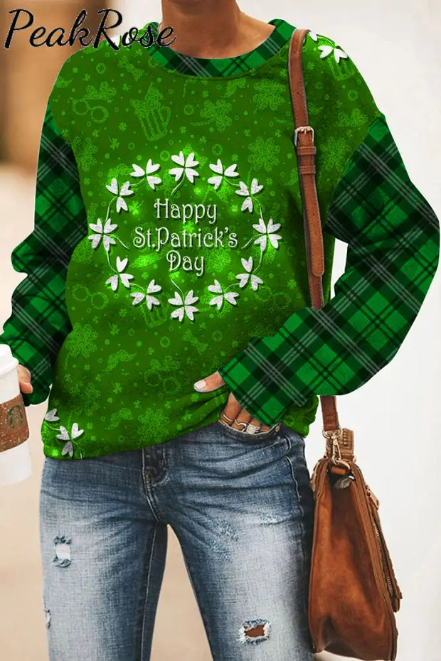 Happy St.patrick’s Day Lucky Wreath Check Panel Sweatshirt