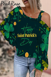 Happy St. Patricks Day Print Off-Shoulder Blouse