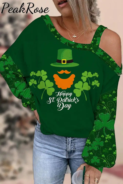 Happy St Patrick’s Day Scrambled Bearded Off-Shoulder Long-Sleeved Blouse