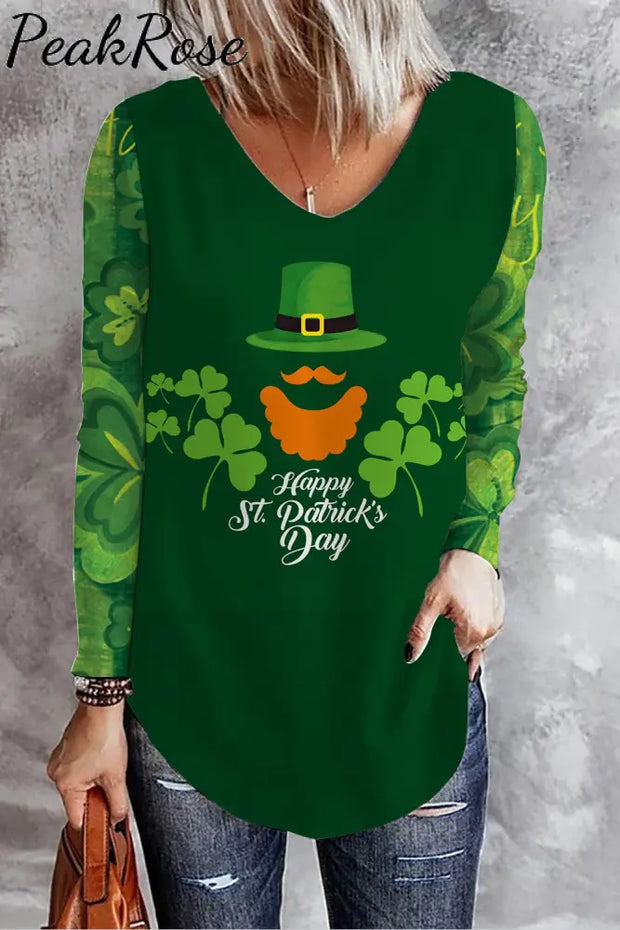 Happy St Patrick’s Day Scrambled Bearded V Neck Long Sleeve T-Shirt T-Shirt