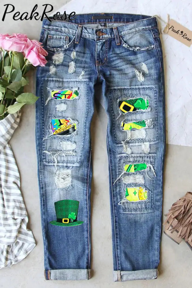 Happy St Pats! Hand-Painted Green Hat Clover Rainbow Print Jeans