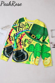 Happy St Pats! Hand-Painted Green Hat Clover Rainbow Print Long-Sleeved Sweatshirt