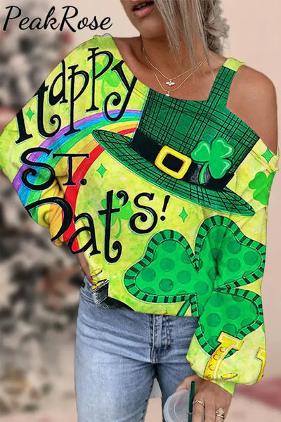 Happy St Pats! Hand-Painted Green Hat Clover Rainbow Print Strapless Off-Shoulder Long-Sleeved