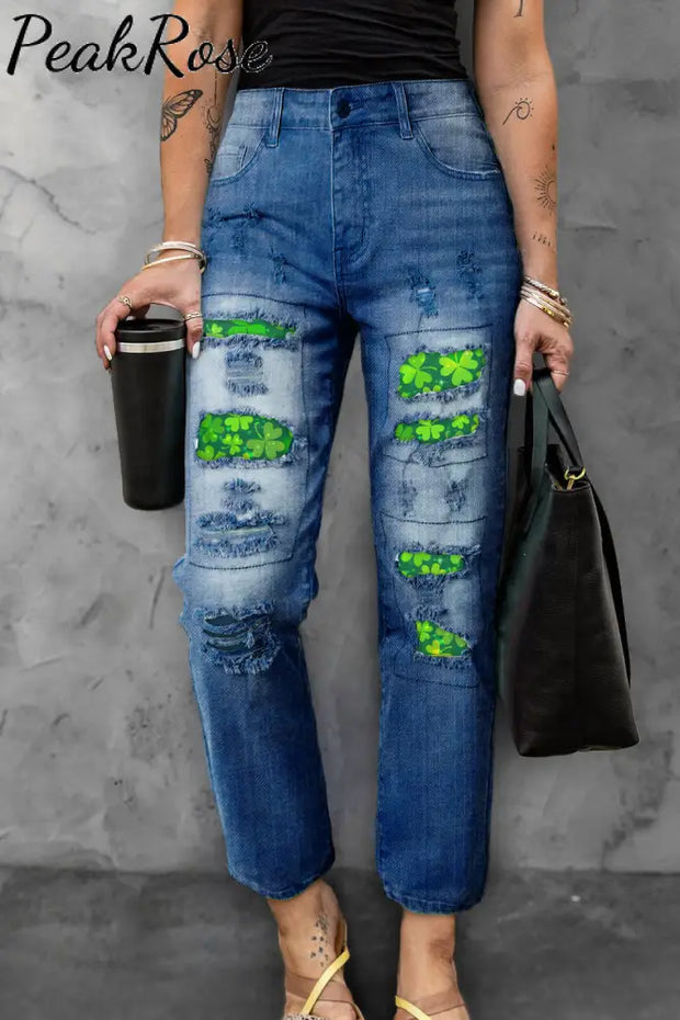 Happy St. Pattys Day Good Luck Green Shamrocks Printed Ripped Jeans