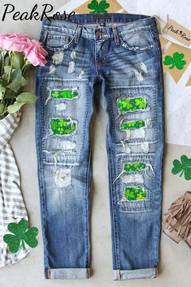 Happy St. Pattys Day Good Luck Green Shamrocks Printed Ripped Jeans S