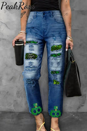 Happy St Ratricks Day Green Clover Flower Body Lettering Print Jeans