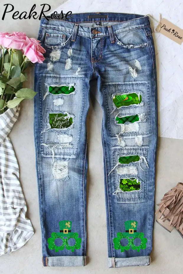 Happy St Ratricks Day Green Clover Flower Body Lettering Print Jeans S