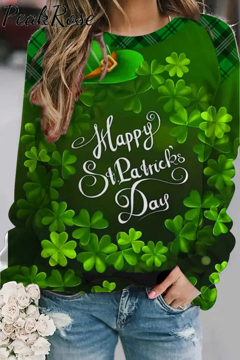 Happy St Ratricks Day Green Clover Flower Body Lettering Print Long-Sleeved Sweatshirt / S