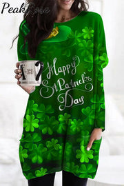 Happy St Ratricks Day Green Clover Flower Body Lettering Print Round Neck Tunic With Pockets