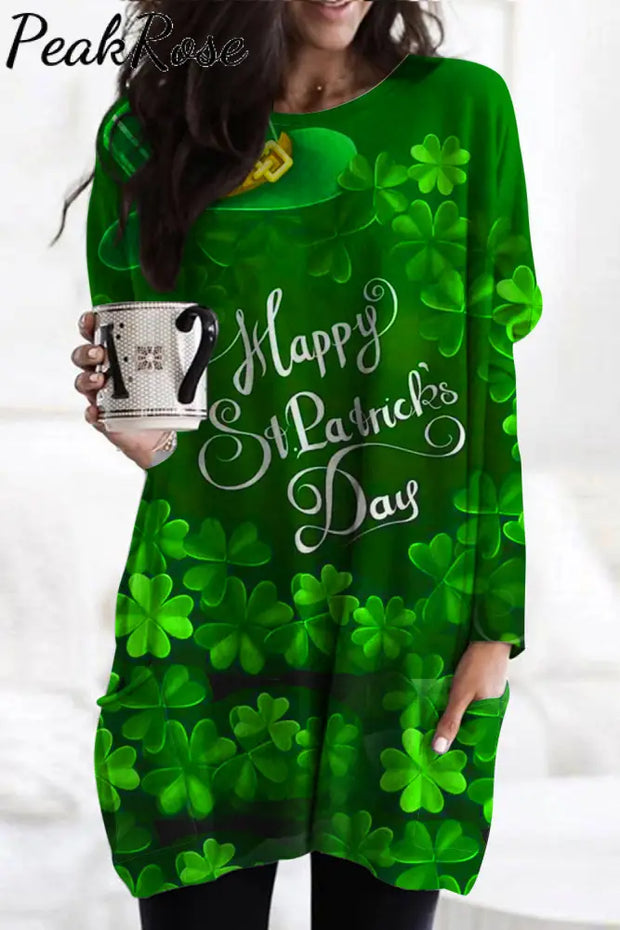 Happy St Ratricks Day Green Clover Flower Body Lettering Print Round Neck Tunic With Pockets