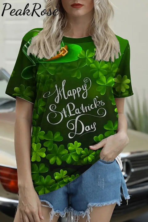 Happy St Ratricks Day Green Clover Flower Body Lettering Print Short-Sleeved T-Shirt T-Shirt