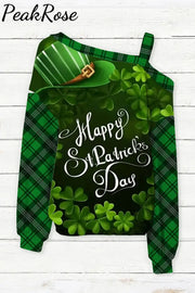 Happy St Ratricks Day Green Clover Flower Body Lettering Print Slant Shoulder One-Piece Collar