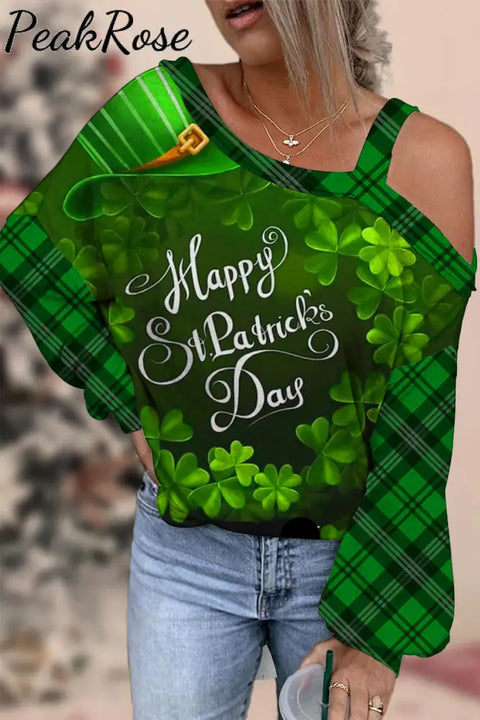 Happy St Ratricks Day Green Clover Flower Body Lettering Print Slant Shoulder One-Piece Collar