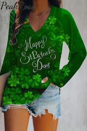 Happy St Ratricks Day Green Clover Flower Body Lettering Print V-Neck Long Sleeve Tee