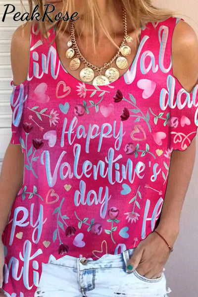 Happy Valentine’s Day Cold Shoulder T-Shirt S / Pink T-Shirt