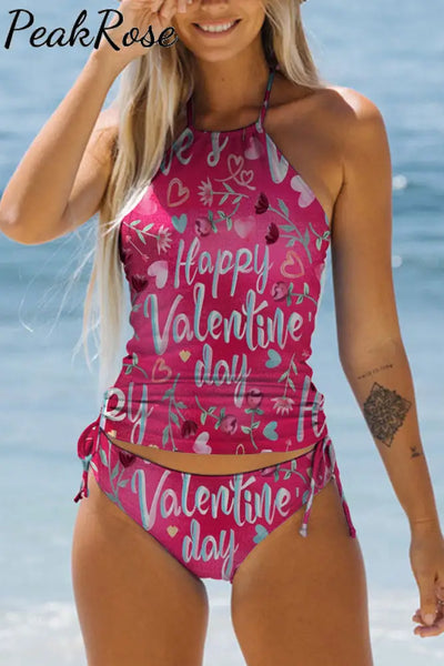 Happy Valentine’s Day Print Bikini Swimsuit S / Pink