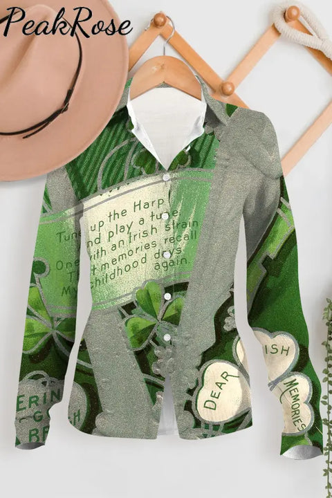 Harp Clover Four-Leaf Handwritten Letter Vintage Stamp Style Long Sleeve Shirt Women