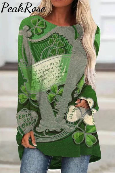 Harp Clover Four-Leaf Handwritten Letter Vintage Stamp Style Loose Tunic S / Green