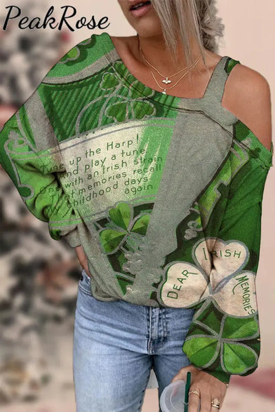 Harp Clover Four-Leaf Handwritten Letter Vintage Stamp Style Off Shoulder Blouse S / Green