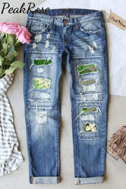 Harp Clover Four-Leaf Handwritten Letter Vintage Stamp Style Ripped Denim Jeans S / Blue