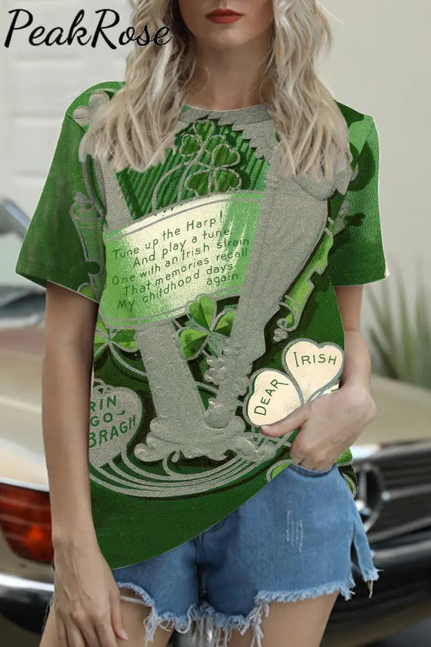 Harp Clover Four-Leaf Handwritten Letter Vintage Stamp Style Round Neck T-Shirt