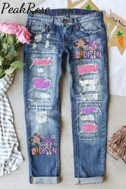 He Is Risen Easter Bunny Christian Cross Jesus With Daisy Print Ripped Denim Jeans