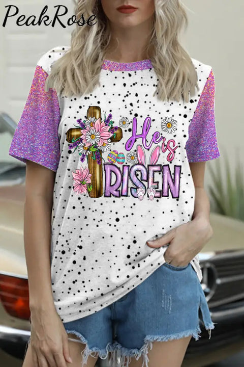 He Is Risen Easter Bunny Christian Cross Jesus With Daisy Print Round Neck T-Shirt T-Shirt