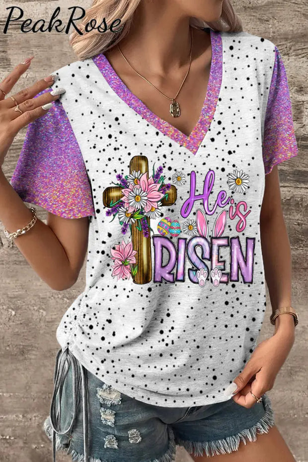 He Is Risen Easter Bunny Christian Cross Jesus With Daisy V-Neck T-Shirt T-Shirt