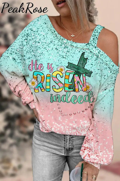 He Is Risen Indeed Easter Day Off-Shoulder Blouse Ombre / S