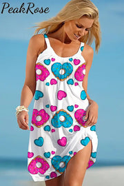 Heart Donuts Cakes Print Sleeveless Dress S