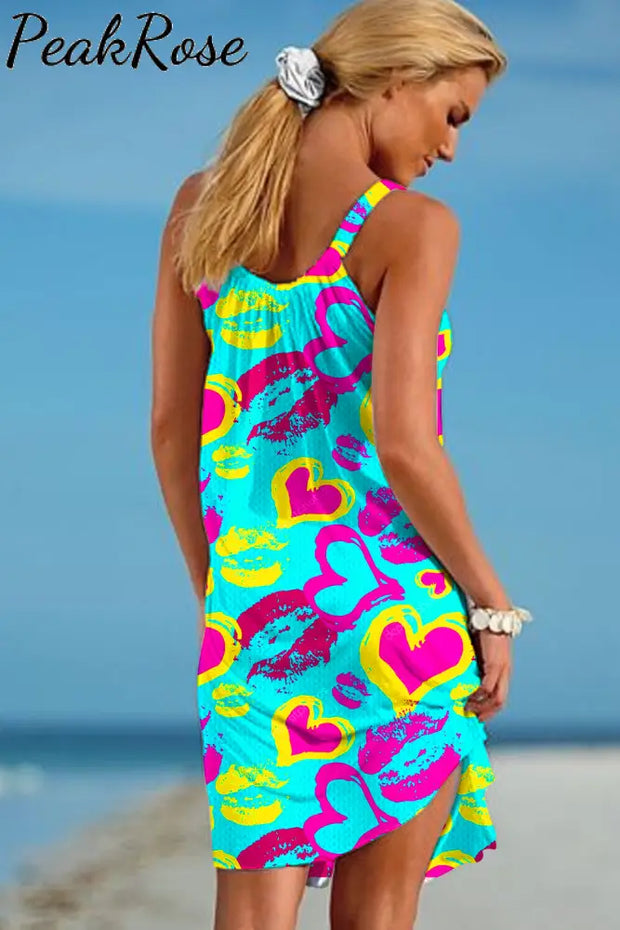 Heart Lips Print Sleeveless Dress