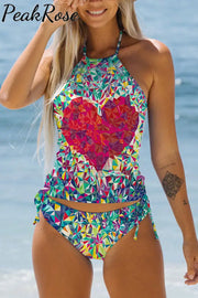 Heart Print Retro Bikini Swimsuit S / Photo Color