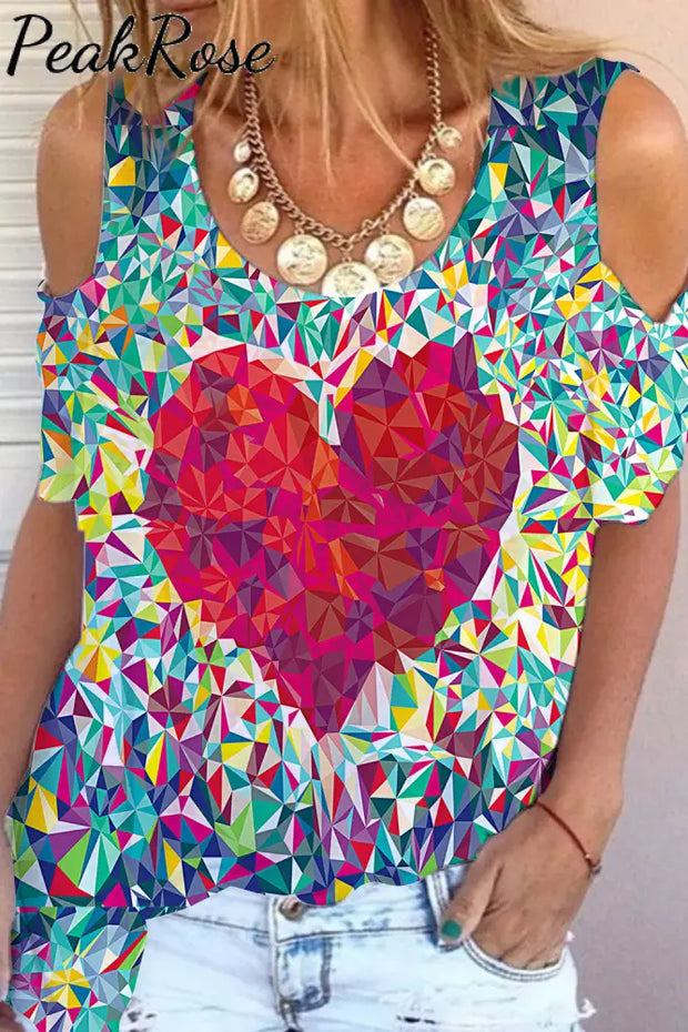 Heart Print Retro Cold Shoulder T-Shirt T-Shirt