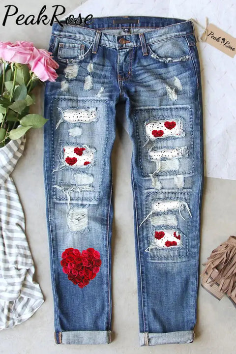 Heart Print Ripped Denim Jeans