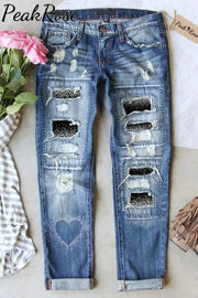 Heart-Shape Graphic Casual Ripped Denim Jeans S