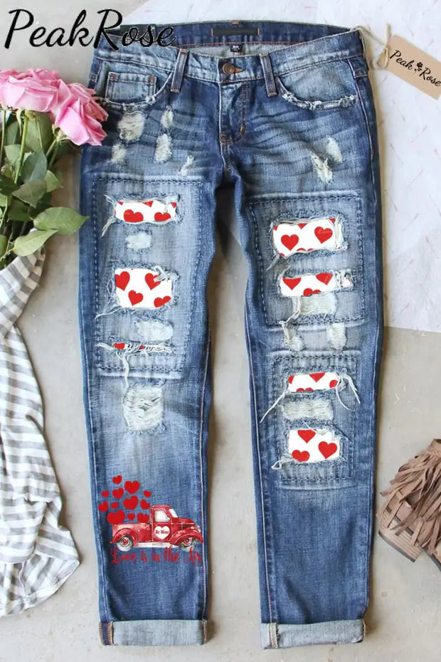 Heart-Shape Truck Graphic Ripped Casual Jeans