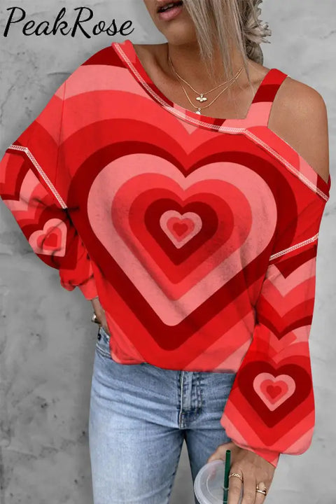 Heart-Shaped Asymmetrical Shoulder Casual Long Sleeve Blouse S / Red