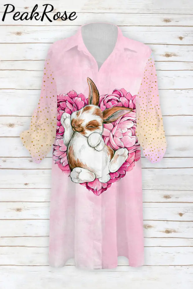 Heart-Shaped Rose Bouquet Of Bunnies Taking A Nap Patch Front Pockets Shirt