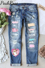 Heart-Shaped Rose Bouquet Of Bunnies Taking A Nap Ripped Denim Jeans