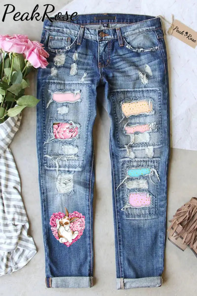 Heart-Shaped Rose Bouquet Of Bunnies Taking A Nap Ripped Denim Jeans S / Blue